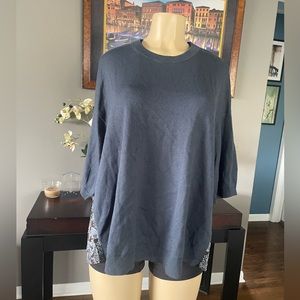 Ann Taylor Blue Mix Media Knit Front Pleated Back Pullover Top Large